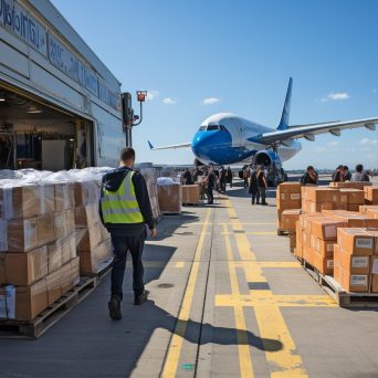 loading cargo onto an aircraft for passengers outside the airpor loading cargo onto an aircraft outside for passengers in the airport's backdrop